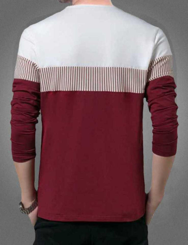 Maroon cotton color block men's T-shirt with full sleeves, round neck.