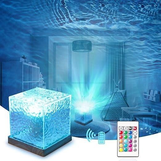 room setting with rotating water ripple night light aura lamp projecting colorful lights