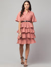 Elegant Women's Peach Crepe Flare Dress with Shirt Collar - Clothovia