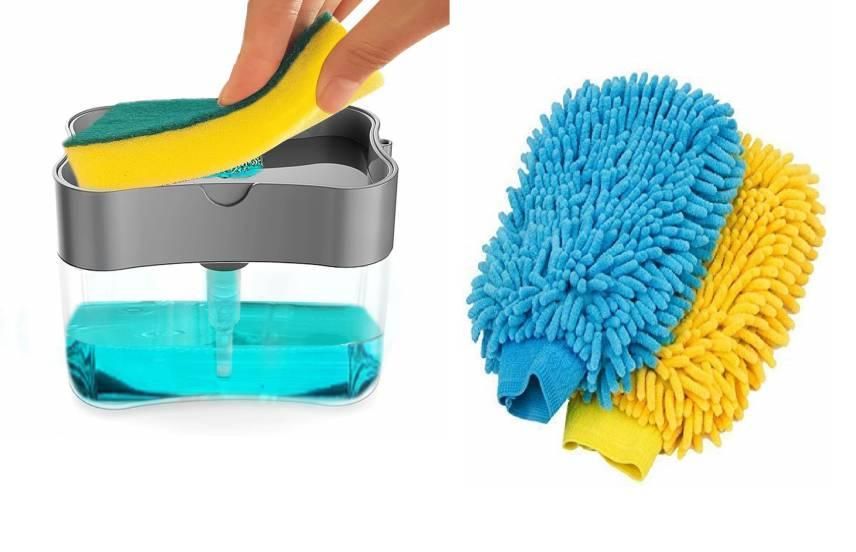 A 2 in 1 Soap Dispenser with a 380 ml capacity in multicolor, featuring an integrated soap dispenser and detachable microfiber wash dust cleaning gloves. Ideal for efficient and streak-free cleaning of dishes, countertops, and various surfaces.