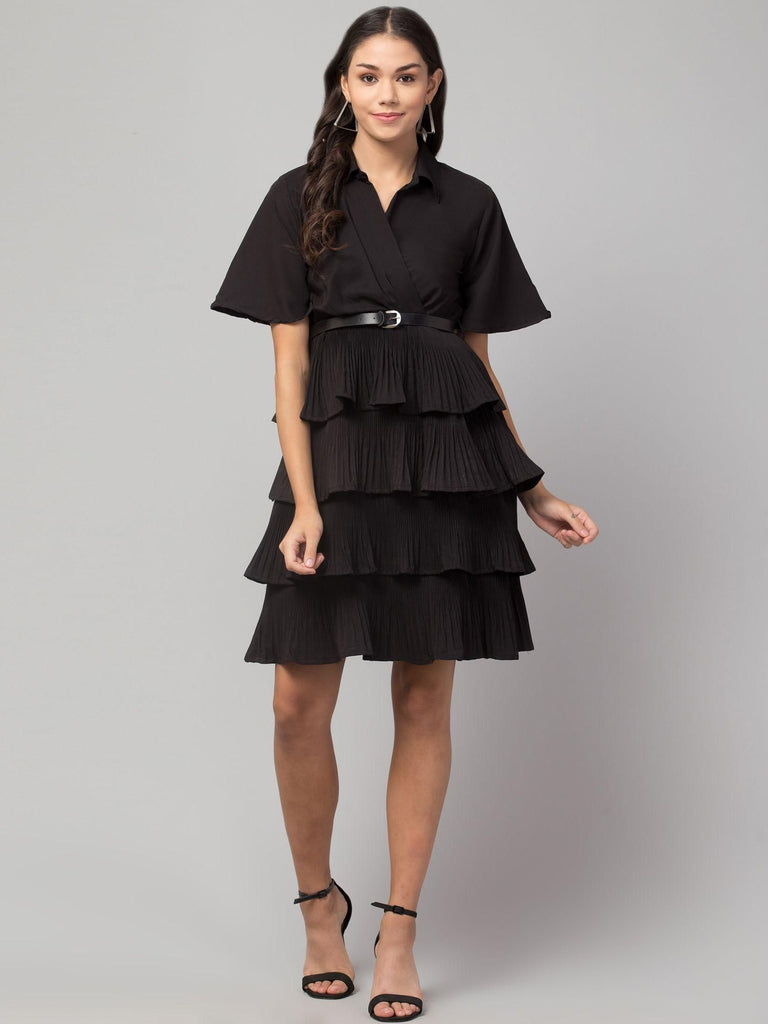 Black crepe shirt collar flared short dress by Oceanista with knee-length fit & flare design.