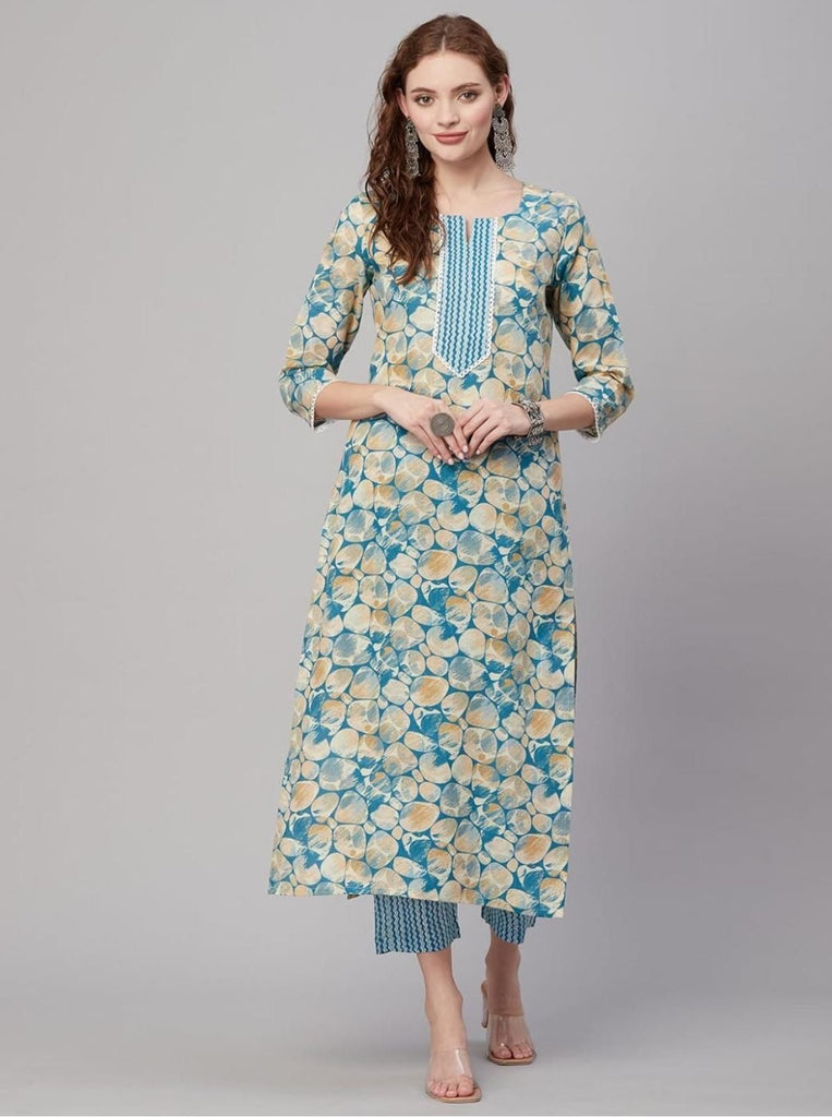 Women's blue floral cotton kurta with matching printed pants set






