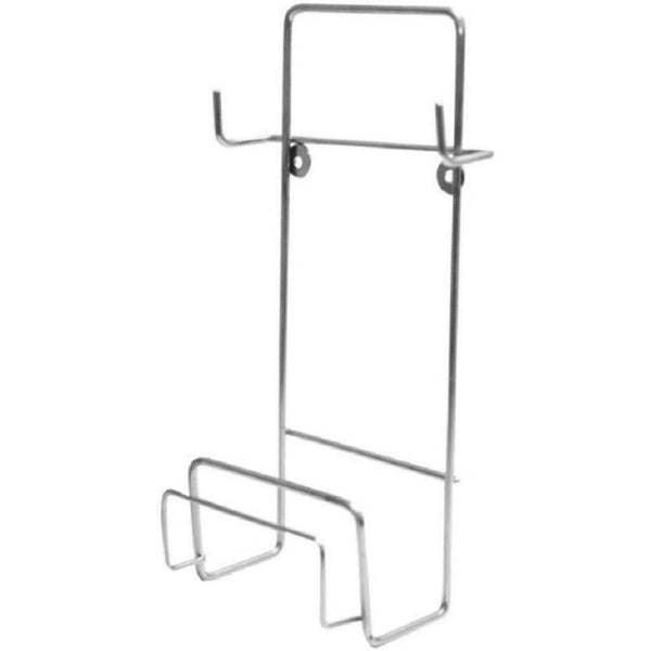 A metal wire holder or rack with two hooks on the sides and a rectangular frame.