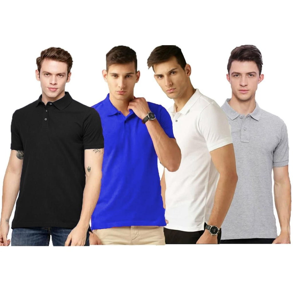 Pack of 4 Joggers Park men's polo matte T-shirts in multicolor, solid pattern with regular fit, half sleeves, and polo neck, perfect for casual wear.