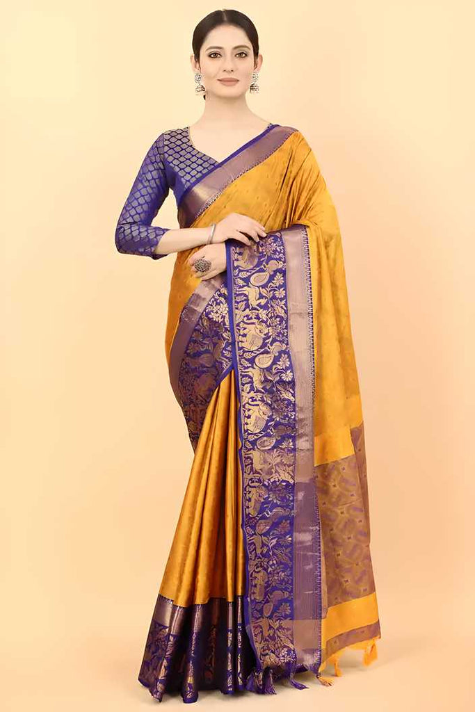 Trending Zari Jacquard Aura Silk Saree, showcasing intricate Zari Jacquard work on rich Aura silk. Available in various vibrant colors, this saree measures 6.5 meters in length, including an unstitched matching blouse piece. Ideal for weddings, festivals, and special occasions, it offers a blend of traditional craftsmanship and modern elegance.