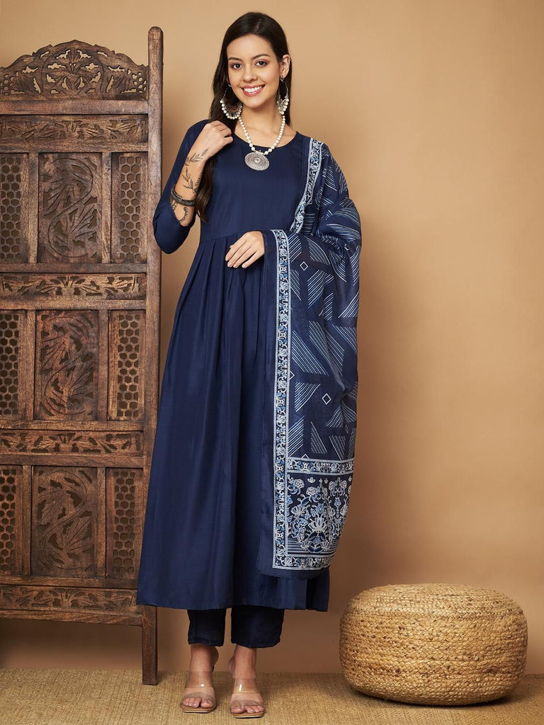 Women's blue silk Anarkali kurta with matching pants and floral print dupatta






