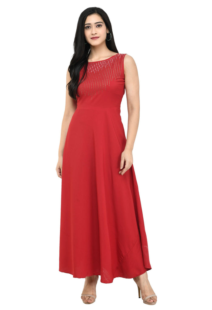 Red crepe embellished partywear maxi dress by Oceanista with full-length design, sleeveless cut, and boat neck.