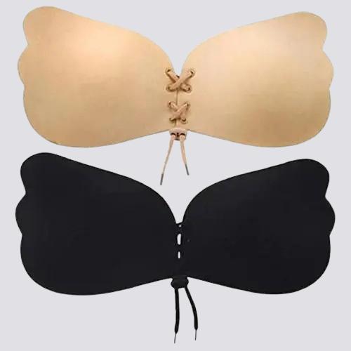 Pack of 2 silicone butterfly stick-on bras in multicolor, solid cotton fabric."