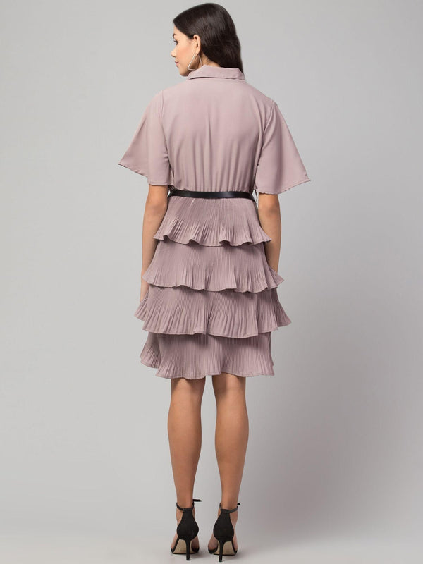 Purple crepe shirt collar flared short dress by Oceanista with knee-length fit & flare design.