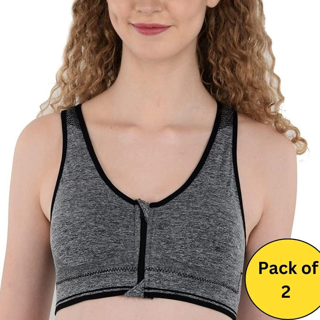 Pack of 2 black cotton sports bras, lightly padded with racerback design."






