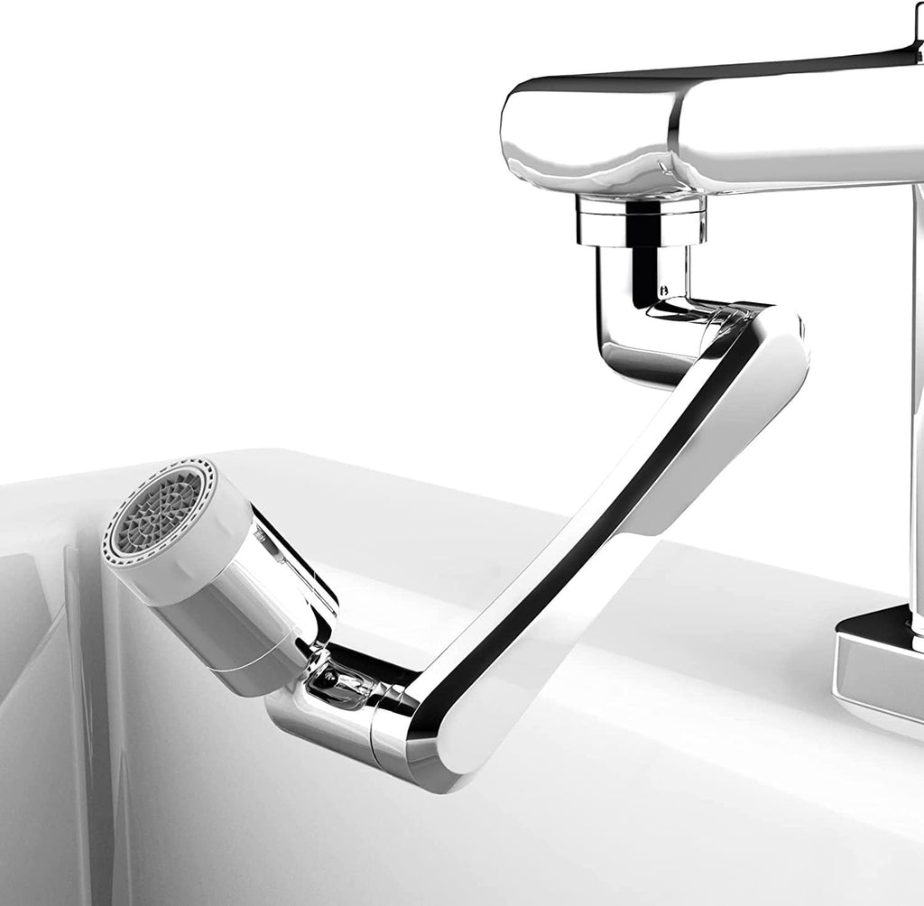 Rotating faucet extender aerator with splash filter, universal fit, 2 water outlet modes, plastic material.






