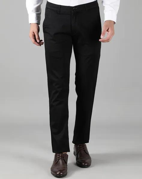 Polyester blend solid slim fit mens formal trousers in black.