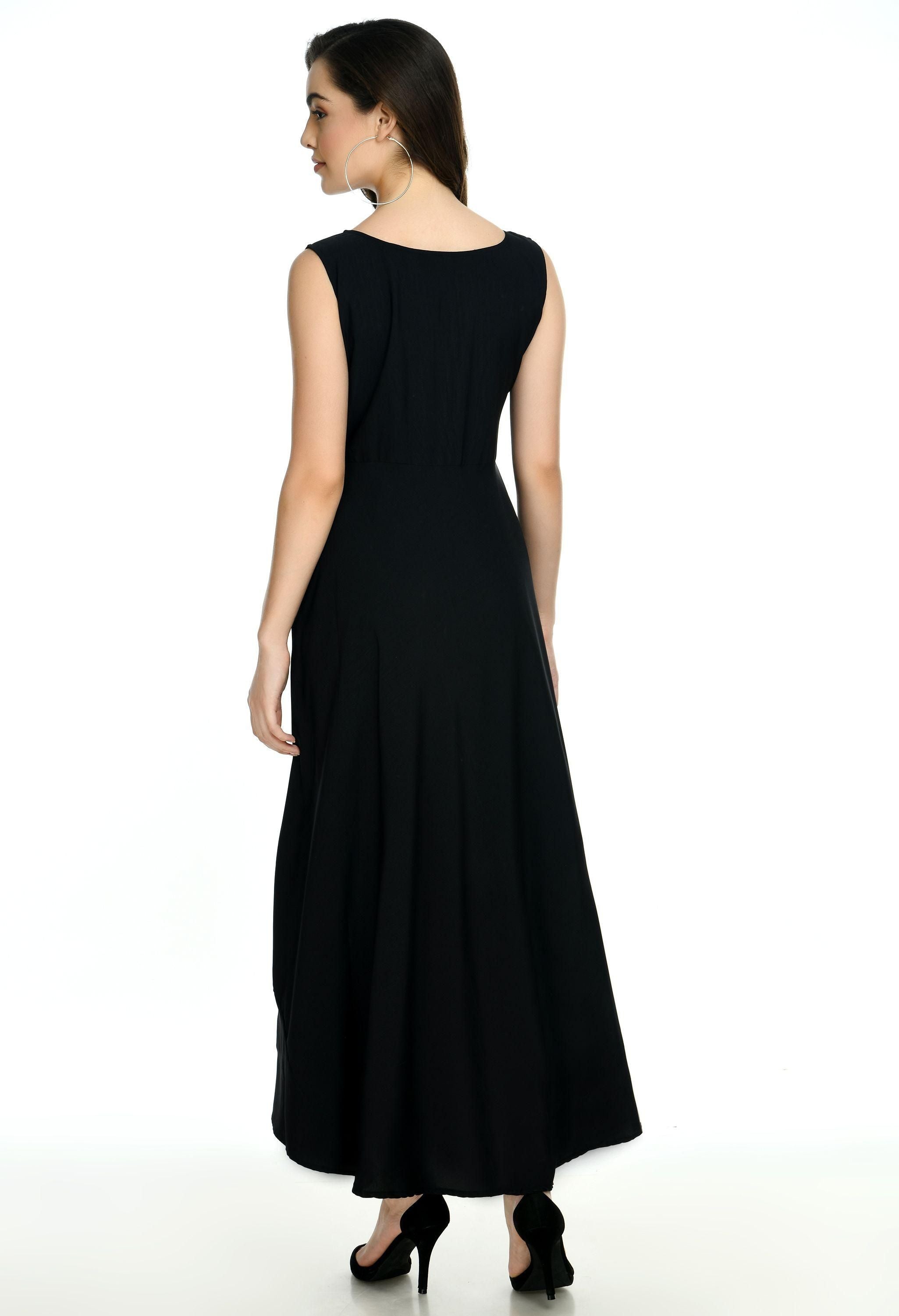 Oceanista Womens Crepe Embellished Partywear Black Maxi Dress