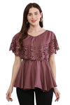 Purple Crepe V-Neck Top with Flared Sleeves - Clothovia
