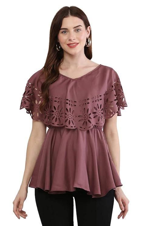 Oceanista Womens Crepe Solid V-Neck Purple Top