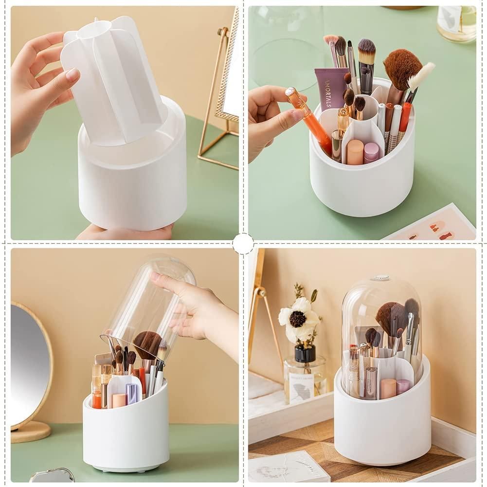 A collage showing a white makeup brush organizer with compartments and a clear lid, holding various brushes and cosmetic items.