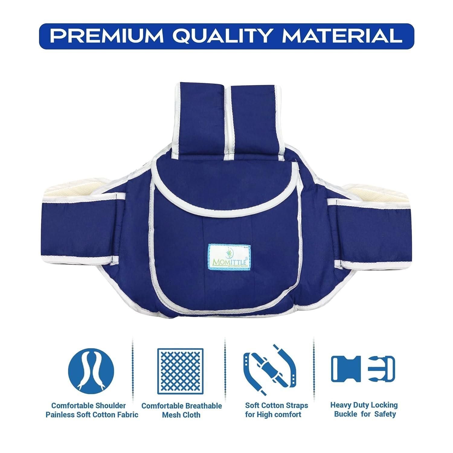 A blue and white baby carrier with padded straps and illustrated features like cotton fabric, mesh cloth, and a locking buckle, labeled as premium quality material.