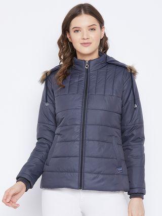 Womens Winter Wear Solid Parka Jacket featuring a cozy hood, multiple pockets, and durable insulation, designed for warmth and style in cold weather