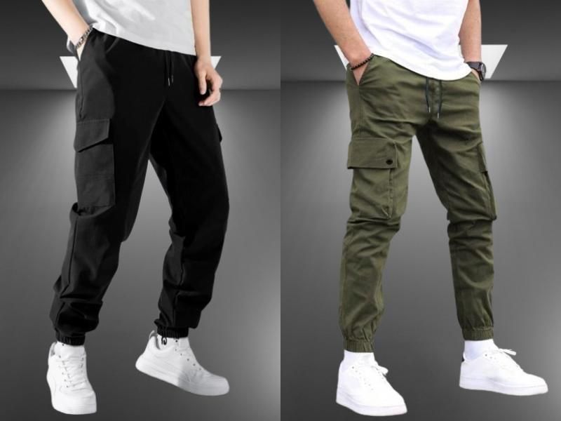 Men's black jogger pant with flap pockets and drawstring, loose fit in polyester, available in sizes S to 2XL, perfect for casual wear.