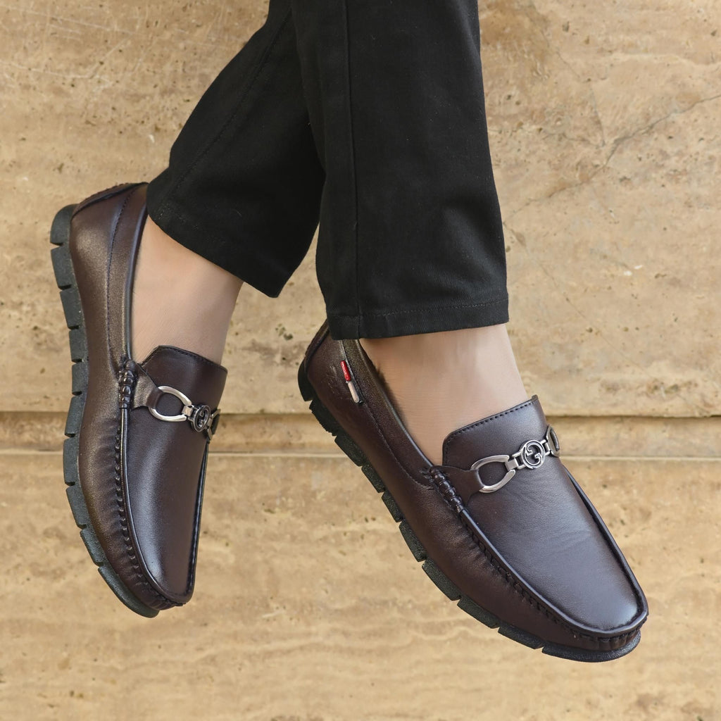 Brown synthetic loafers for men with a slip-on design, lightweight airmix inner material, and casual wear appeal.