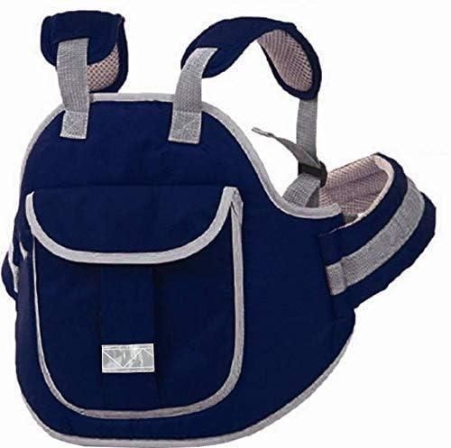 A navy blue and gray soft fabric pet carrier harness with adjustable straps.
