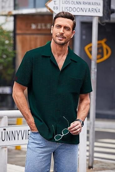 Men's Knit Stylish Half Sleeve Shirt in Solid Green with Regular Fit and Shirt Collar