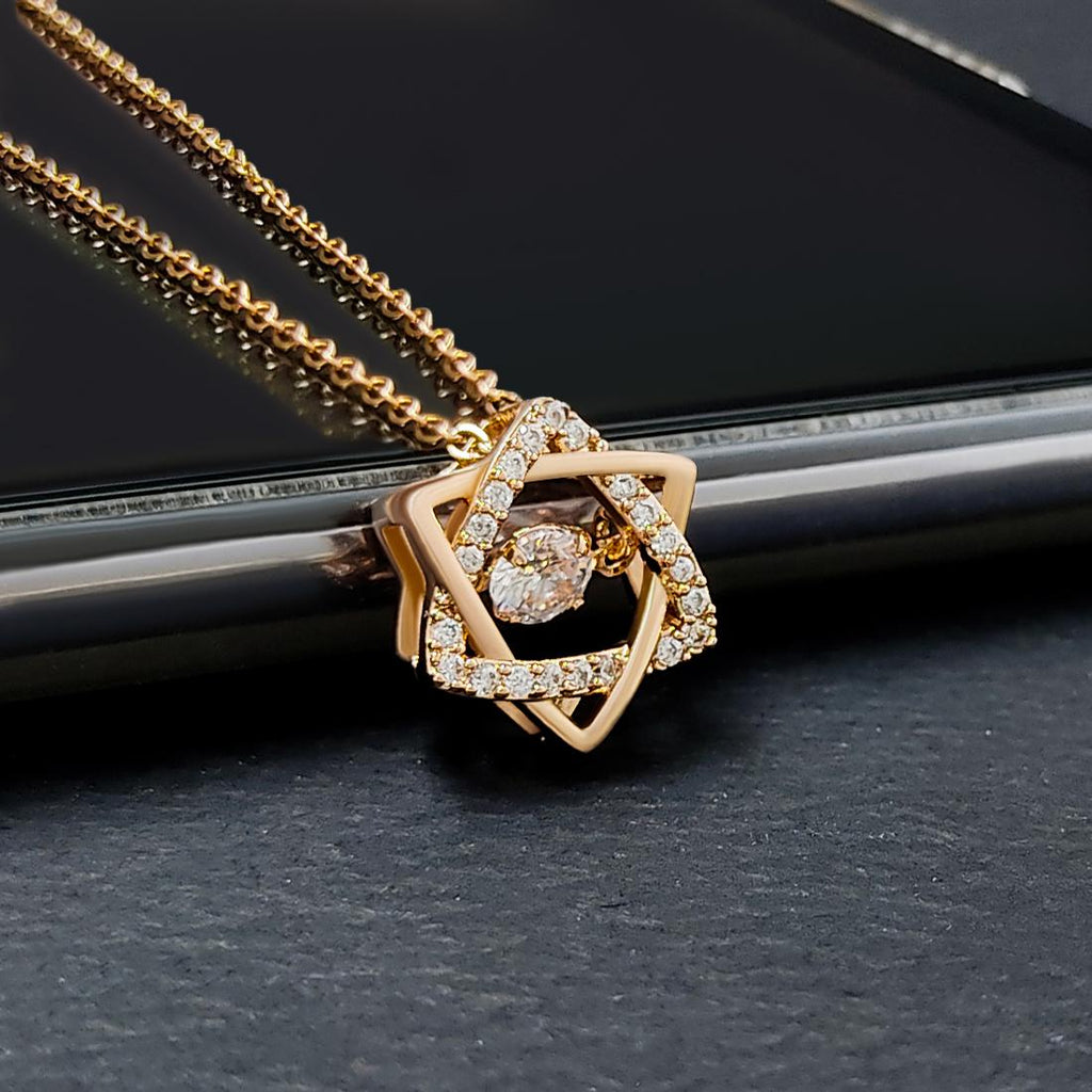 Beautiful American Diamond Pendant With Chain, featuring a dazzling American diamond set in a gold-plated pendant. The pendant measures 1.5cm x 1.5cm and hangs on an 18-inch gold-plated chain with a lobster clasp. This elegant piece offers a touch of luxury and sophistication, perfect for both everyday wear and special occasions