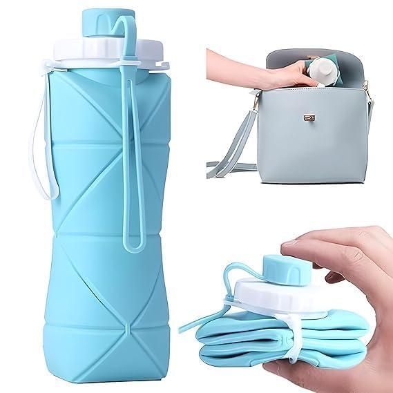A blue collapsible silicone water bottle, shown both extended, being packed in a bag, and folded for compact storage.