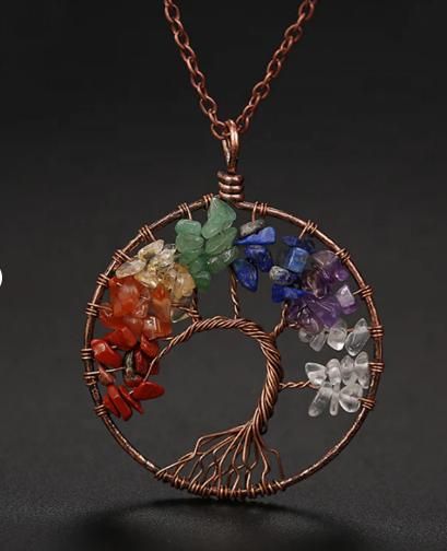 "Handmade Bohemian Tree of Life Wire Quartz Stone Necklace, silver alloy."

