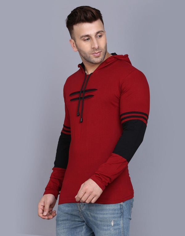 Mens Cotton Solid Maroon Full Sleeves Hooded T-Shirts