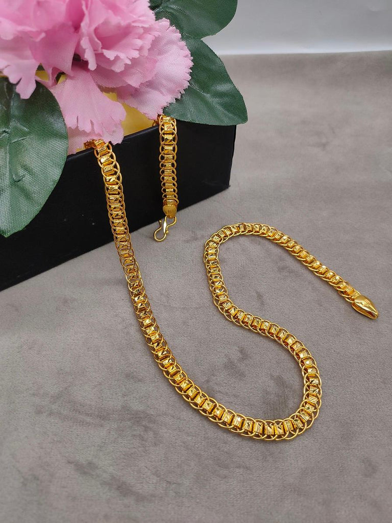 Elegant Gold Plated Chain featuring a classic chain link design with high-quality gold plating. Available in 18, 20, and 24 inches, it includes a secure lobster clasp. The chain has a sleek, polished finish, adding a touch of luxury to any look, perfect for daily wear or special occasions.