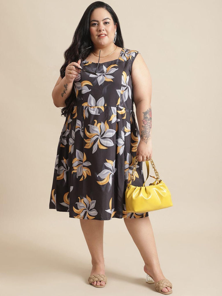 Flambeur Plus Size Blue Floral Flared Short Dress for Women featuring a vibrant blue floral pattern and a flattering flared silhouette, perfect for casual outings and special occasions.