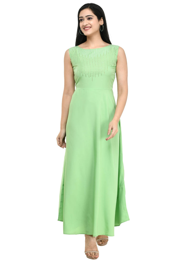 Oceanista Womens Crepe Embellished Partywear Pista Green Maxi Dress