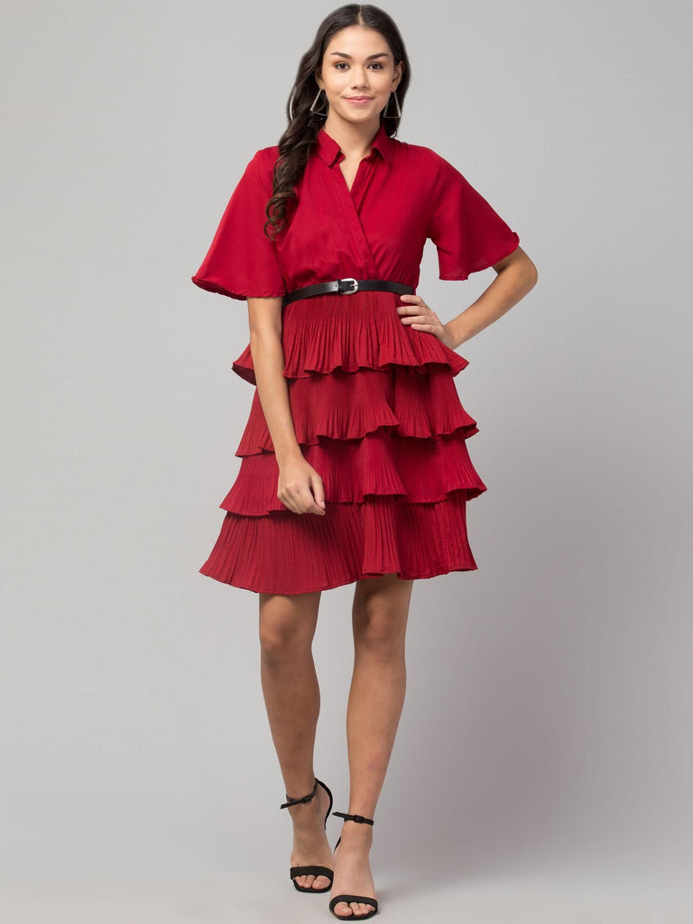 Red crepe shirt collar flared short dress by Oceanista with knee-length fit & flare style.