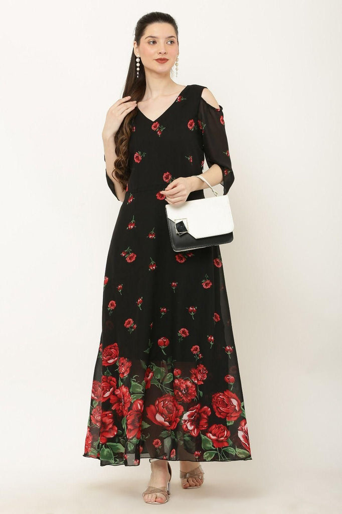 Vivient Womens Floral Print V Neck Georgette Maxi Dress featuring a beautiful floral print, a flattering V-neckline, and a flowy fit, perfect for weddings and special occasions.