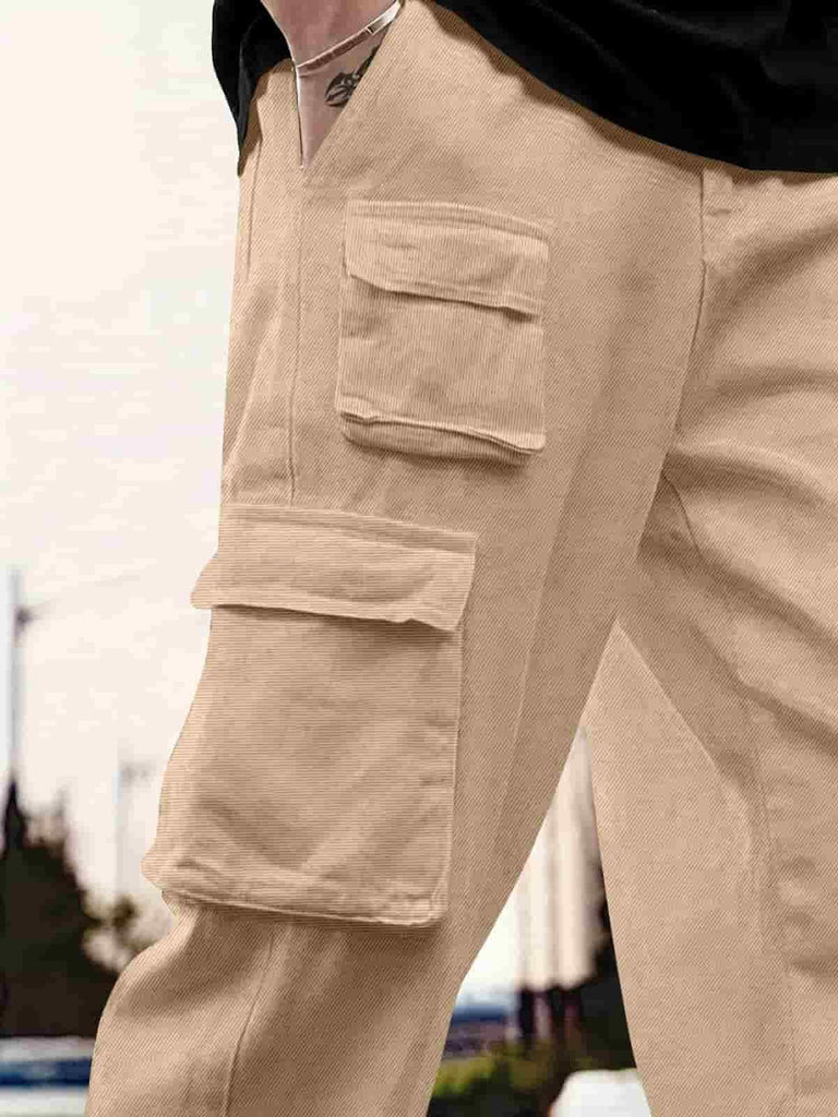 "Men's relaxed-fit cargo pants with multiple pockets and a comfortable fit"






