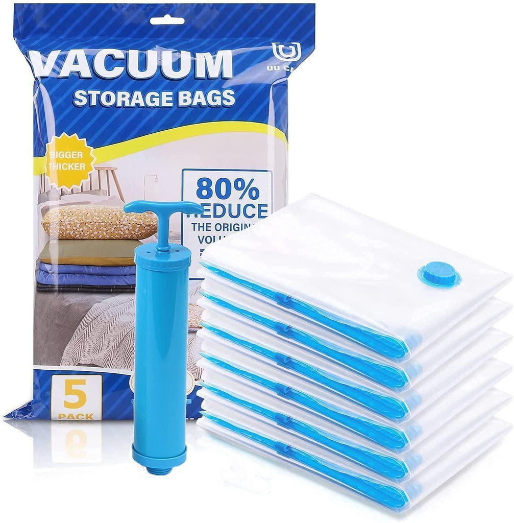 A set of Reusable Vacuum Storage Space Saver Bags (Pack of 5), featuring clear, durable plastic bags with a double-zip seal and a vacuum valve for easy air removal. Ideal for compressing and storing clothes, bedding, and other bulky items, saving space and protecting from dust, moisture, and odors.