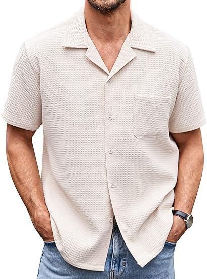 Men's beige knit half sleeve shirt with regular fit