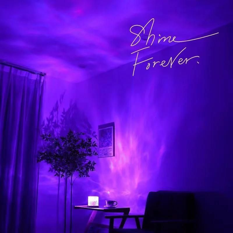 room setting with rotating water ripple night light aura lamp projecting colorful lights