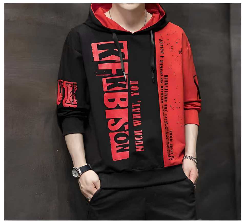 Fleece Colour blocked Men's Hoodie - Full Sleeves, Black Casual Hooded Sweatshirt