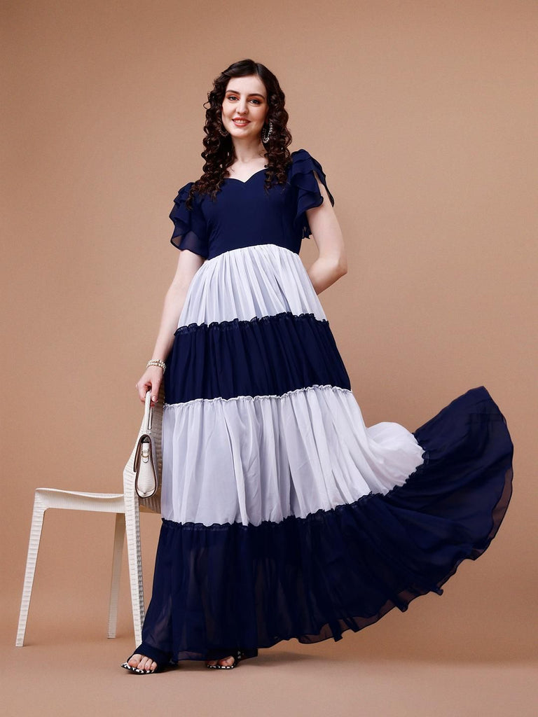 Plus Size Womens Georgette Colorblock Flared Gown featuring a flattering flared silhouette and trendy colorblock design, crafted from lightweight georgette for comfort and elegance.