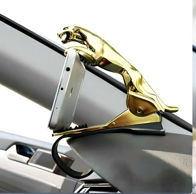 "Jaguar dashboard phone holder for cars featuring silicone cushion, leopard design, and adjustable viewing angles."

