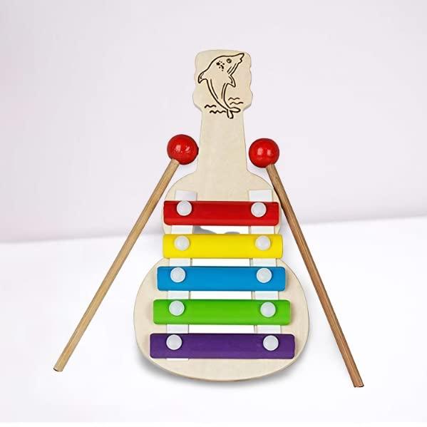 Guitar-shaped xylophone musical toy for kids made of wood with colorful designs and sticks