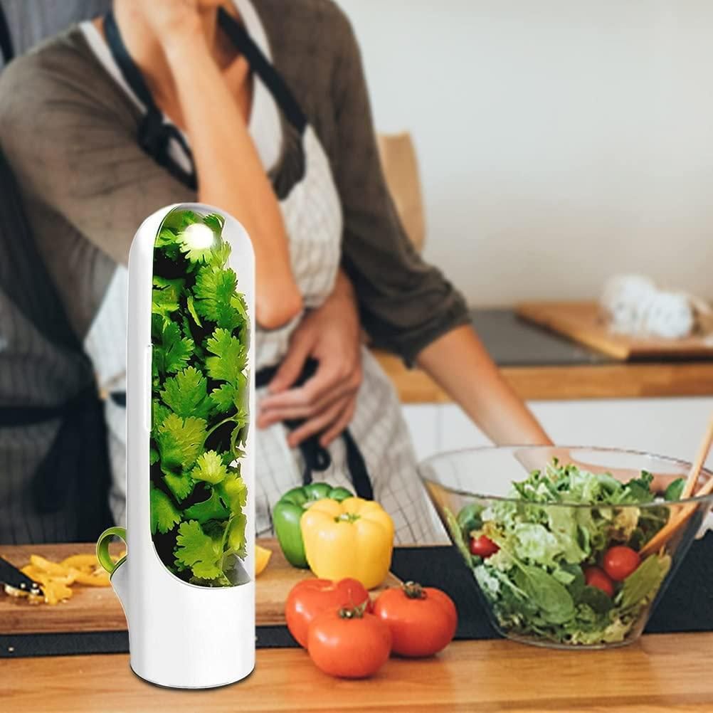 "Herb Saver Pod for refrigerator, plastic fresh herb keeper in white for cilantro, mint, parsley, and asparagus."

