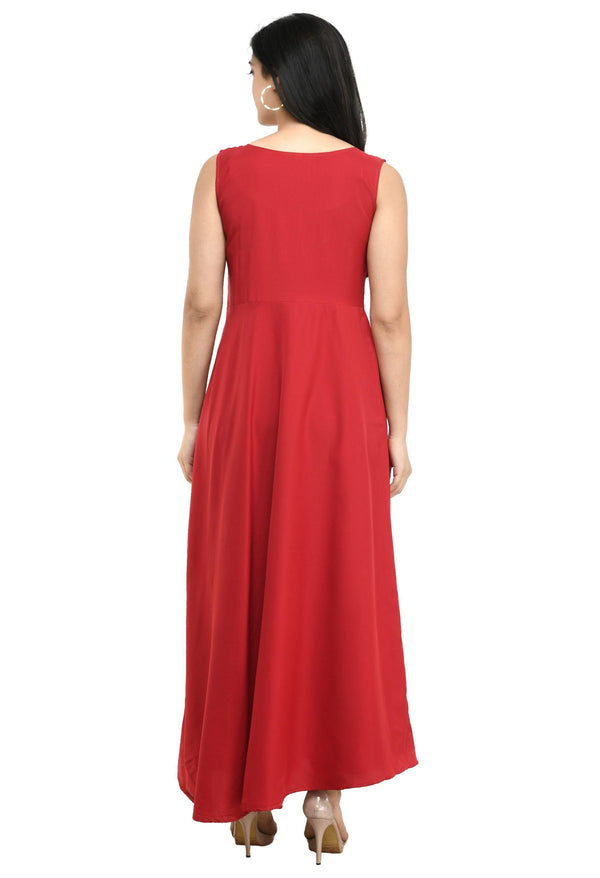 Red crepe embellished partywear maxi dress by Oceanista with full-length design, sleeveless cut, and boat neck.