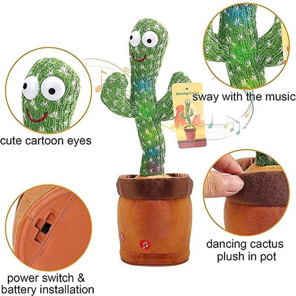  led musical Dancing & Mimicry Cactus Toy with vibrant colors, cute cartoon eyes,dancing motion, and mimicry features, perfect for entertaining and playful fun also have power switch and battery installation.