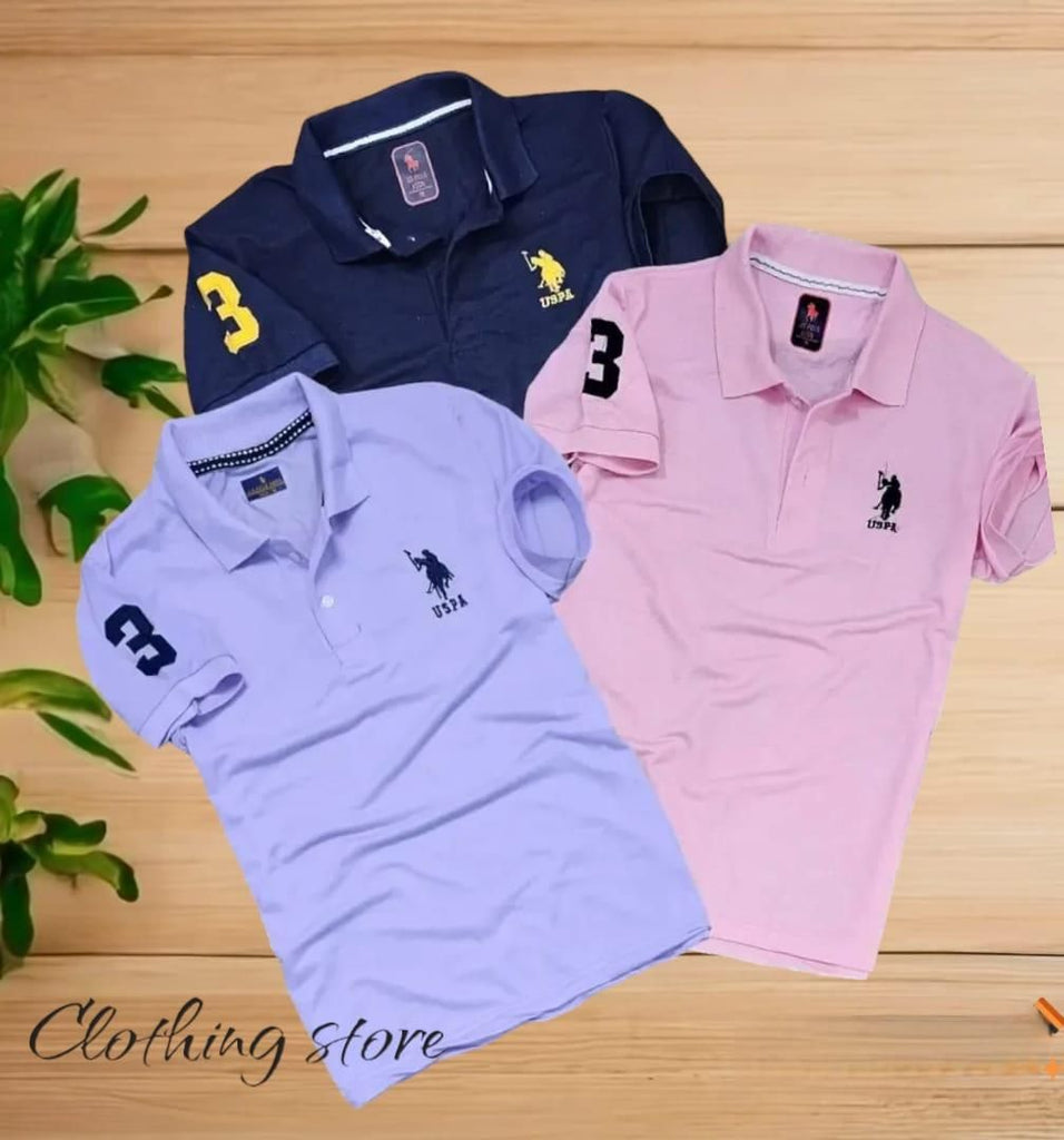 Pack of 3 men's polo neck t-shirts in multicolor solid pattern with half sleeves, regular fit, and cotton matty fabric.