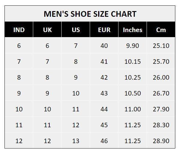 A men's shoe size chart displaying size conversions between IND, UK, US, EUR, Inches, and Cm.