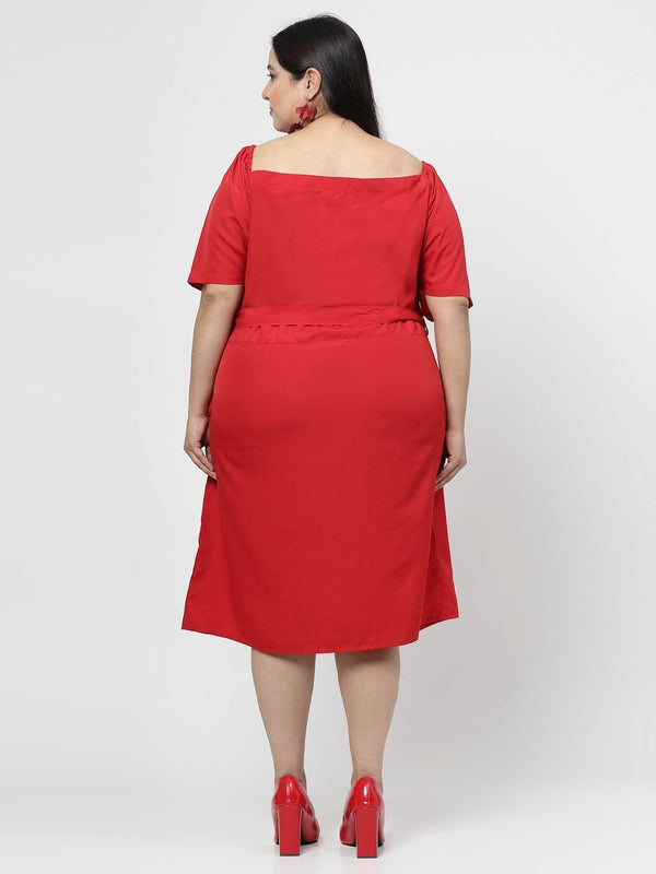 Flambeur Plus Size Red Solid Flared Short Dress for Women - Back view displaying the dress's full skirt and back design.