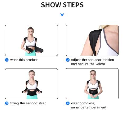 A four-step instructional guide showing a woman demonstrating how to wear a shoulder support brace, with text directions for each step.